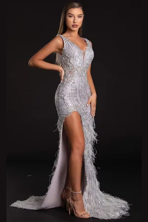 Portia and Scarlett PS21228 Sequined Plunging V Neck Fringe Dress