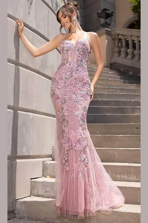 Portia and Scarlett PS25199 - Floral Sequin Tie-Up Back Prom Gown