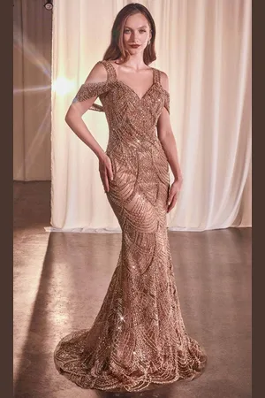 Ladivine CC4020 - V-Neck Bead Embellished Evening Dress