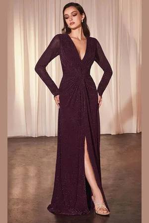 Cinderella Divine CK2989 - Long Sleeve V-Neck Prom Gown