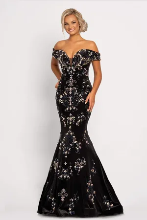 Johnathan Kayne 2176 Crystal Embellished Off Shoulder Long Dress
