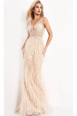 JOVANI 03023 Sheer Bodice Beaded Adorned Feather Fitted Evening Gown