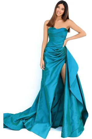TARIK EDIZ 50868 Strapless Sweetheart Pleated Bodice High Slit Gown