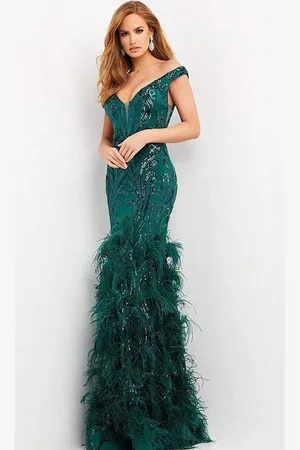 JOVANI 05660 Off Shoulder Sequined and Feathered Gown