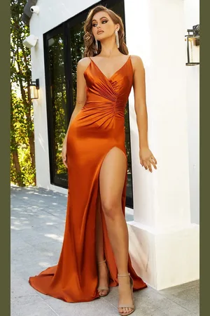 Portia and Scarlett Hugo Gown Spaghetti Strap Ruched Slit Gown