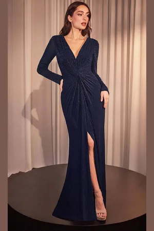 Ladivine CK2989 - Gathered Waist Long Sleeve Prom Dress