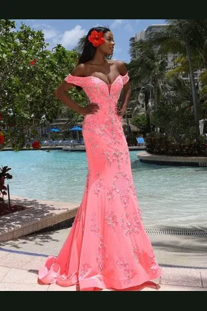 Johnathan Kayne 2176 Crystal Embellished Off Shoulder Long Dress