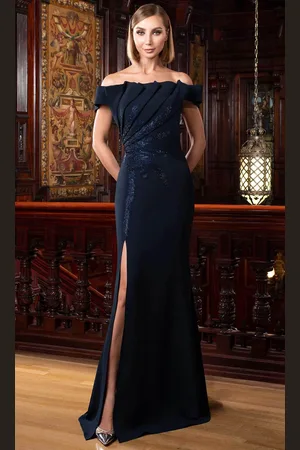 Alexander By Daymor 1586 - Off Shoulder Pleated Bodice Evening Gown