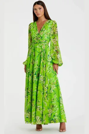 Ieena Duggal 56013 - Floral Printed Deep V-Neck Maxi Dress