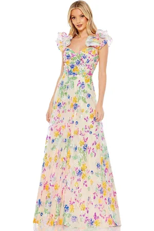 Mac Duggal 68068 - Floral Lace Sequined Ruffled Sleeve Gown