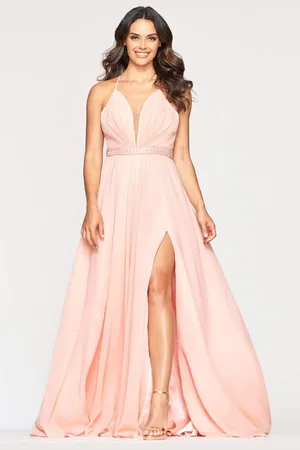 FAVIANA S10435 Illusion Plunging V Neck Beaded Waist A-Line Dress