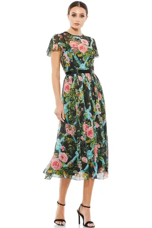 Mac Duggal Cocktail - 9149D Short Sleeve Beaded Waist Floral Dress