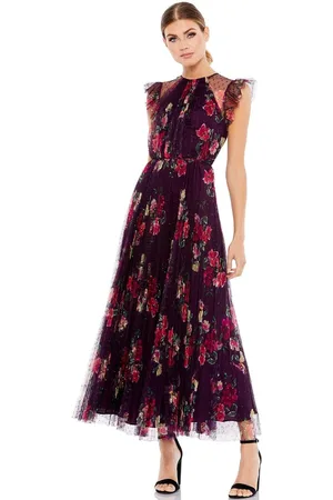 Ieena Duggal 2143 Floral Printed Pleated A-Line Dress