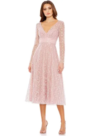 Mac Duggal 68003 - Shimmer Long Sleeve Tea Length Dress