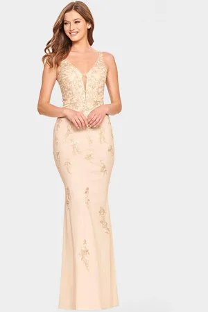 FAVIANA S10855 - V Neck Appliqued Tulle Prom Dress