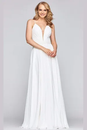 FAVIANA S10435 Illusion Plunging V Neck Beaded Waist A-Line Dress