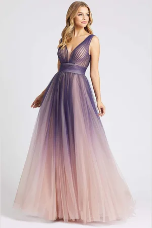 Ieena Duggal 20221I Plunging V-Neck Pleated Ombre Gown
