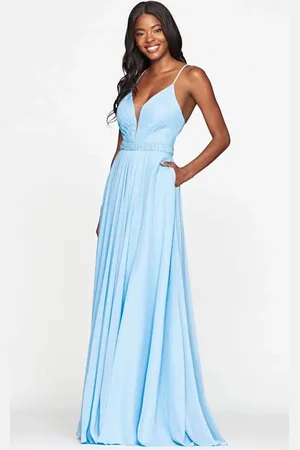 FAVIANA S10435 Illusion Plunging V Neck Beaded Waist A-Line Dress