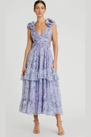 Ieena Duggal 56049 - Ruffled Sleeves Floral Printed Tea-Length Dress