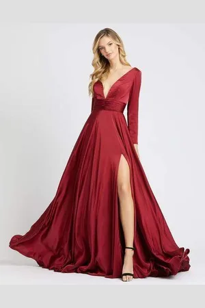Ieena Duggal 55245I Long Sleeve Plunging V-Neck High Slit Gown