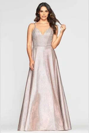 FAVIANA S10424 Plunging V-neck Glitter Jersey A-line Gown