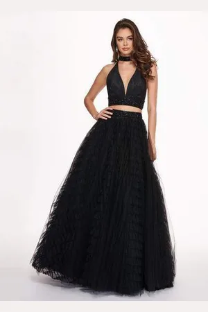 Rachel Allan 6524 Two Piece Halter Ballgown Ruffles Dress with Choker