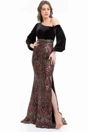 Terani Couture 1821E7124 Embroidered Asymmetrical Long Sleeves Gown