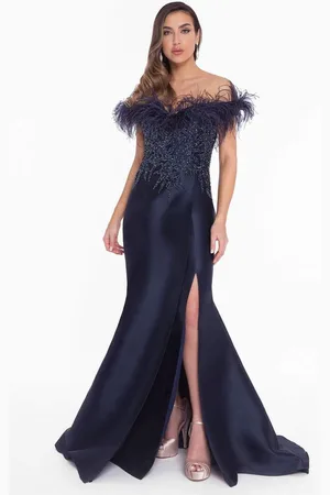 Terani Couture 1821E7142 Feather Accent Off Shoulder Mermaid Dress