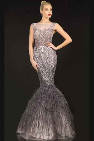 Terani Couture 2021GL3577 Cap Sleeve Feathered Mermaid Gown