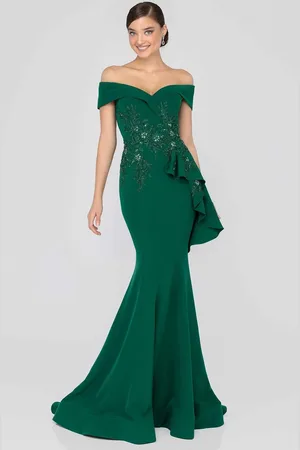Terani Couture 1911M9339 Off Shoulder Side Drape Peplum Mermaid Gown