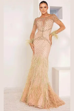 Terani Couture 241GL2631 - Feather Detailed Long Sleeve Evening Dress