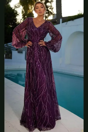 Terani Couture 241M2739 - Long Sleeve V-Neck Evening Dress
