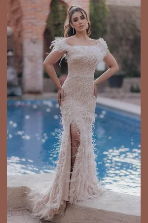 Terani Couture 232GL1438 - Feather Detailed Off-Shoulder Evening Gown