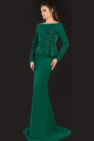Terani Couture 2021M2988 Beaded Lace Long Sleeve Trumpet Dress