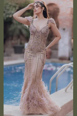 Terani Couture 232GL1425 - Feather Detailed Sleeveless Evening Dress
