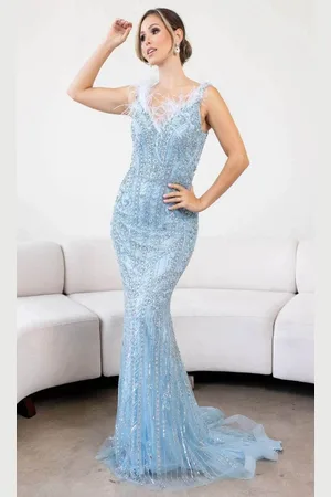 Terani Couture 241GL2606 - Beaded Feather Embellished Column Prom Dress
