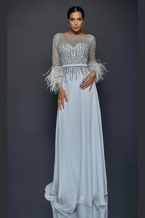 Terani Couture 1921M0473 Feather-Fringed Quarter Sleeve Jeweled Gown