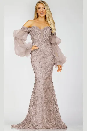 Terani Couture 231E0515 - Off-Shoulder Sheer Sleeves Evening Gown