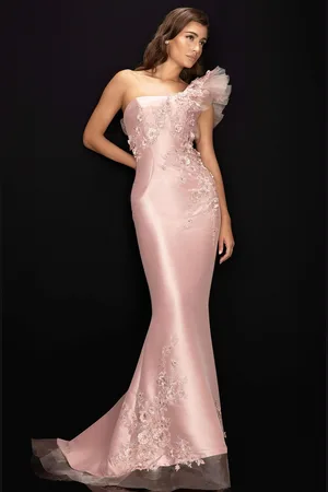 Terani Couture 2011E2094 Floral Applique One Shoulder Trumpet Dress