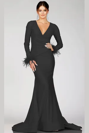 Terani Couture 231P0074 - Long Sleeve Feathered Detailed Evening Gown
