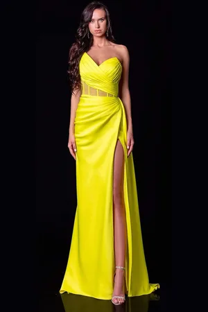Terani Couture 2111P4020 Pleated V Neck Sheath Dress With Slit