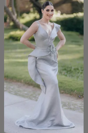 Terani Couture 232E1297 - Plunging V-Neck Brocade Evening Gown