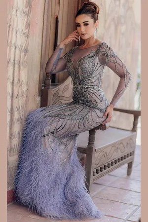 Terani Couture 232GL1404 - Feather Detailed Long Sleeve Evening Dress