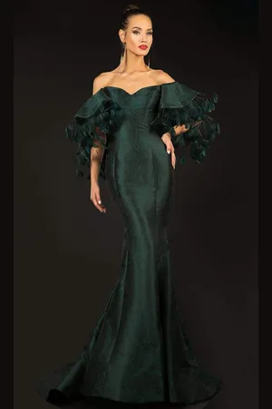 Terani Couture 2021E2796 Feather Trimmed Off Shoulder Jacquard Gown