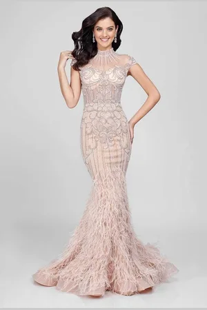 Terani Couture 1721GL4446 Feathered High Neck Mermaid Dress