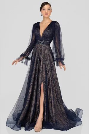 Terani Couture 1913M9414 Lace Plunging V-neck A-line Dress