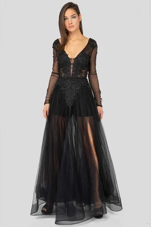 Terani Couture 1915P8344 Plunging V-Neck Long Sleeves Dress