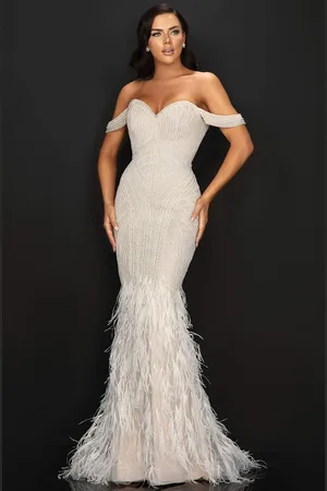 Terani Couture 2011GL2175 Embellished Off-Shoulder Feathered Dress