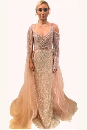 Terani Couture 231GL0442 - V-Neck Wrap Bodice Evening Gown