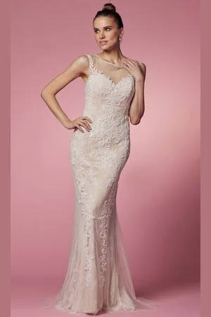 Nox Anabel E1006P - Applique Illusion Evening Dress